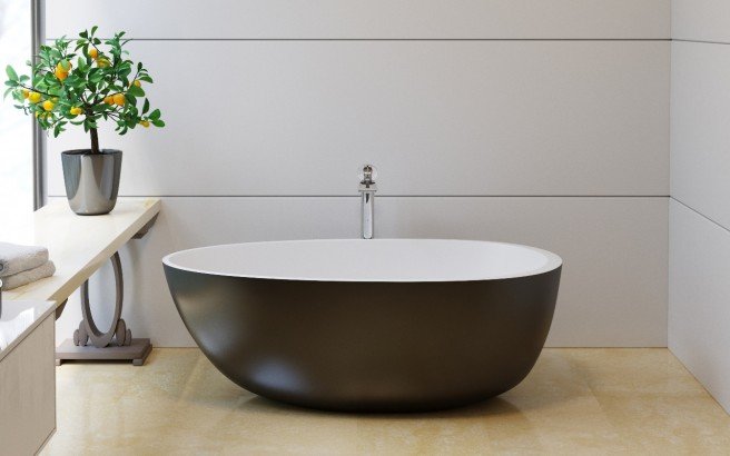 Spoon2M-Black, la vasca da bagno freestanding  di Aquatica in pietra AquateX™ – in Nero e Bianco